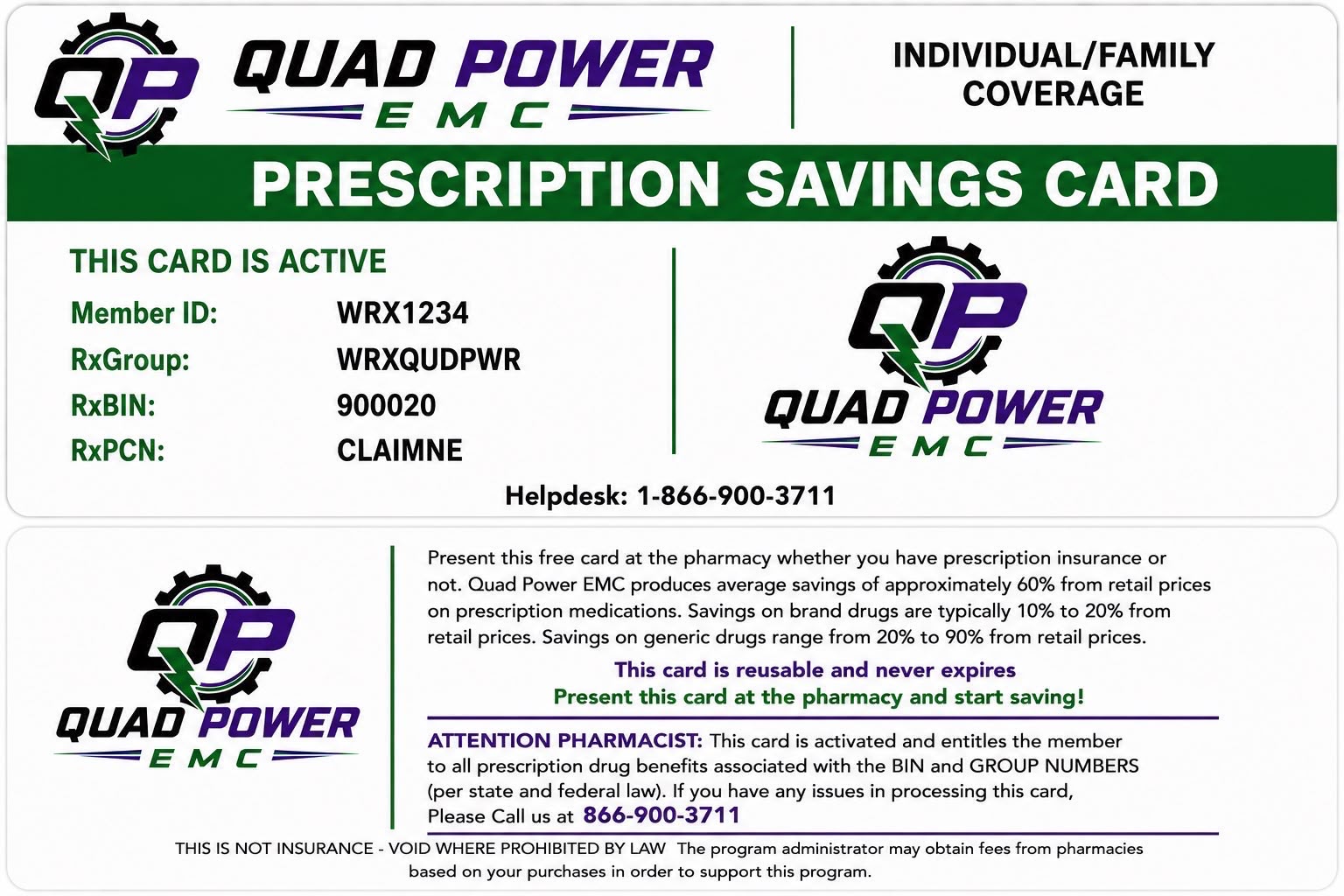 Prescription savings card — front